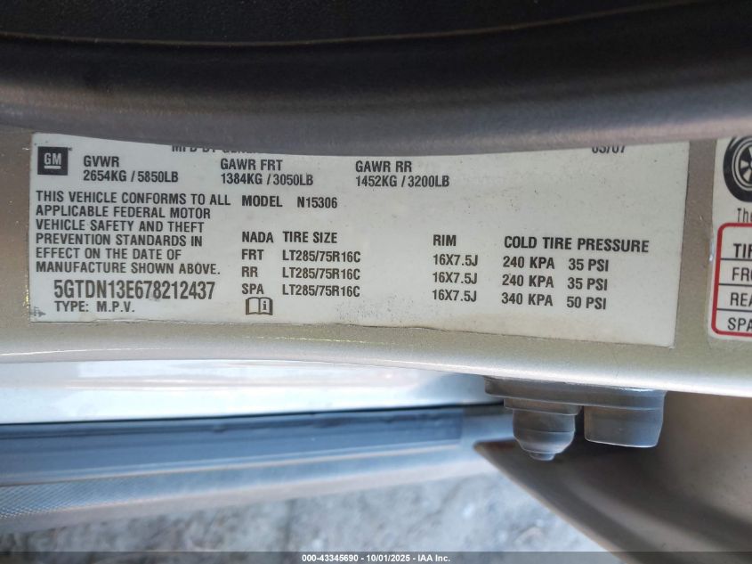 2007 Hummer H3 Suv VIN: 5GTDN13E678212437 Lot: 43345690