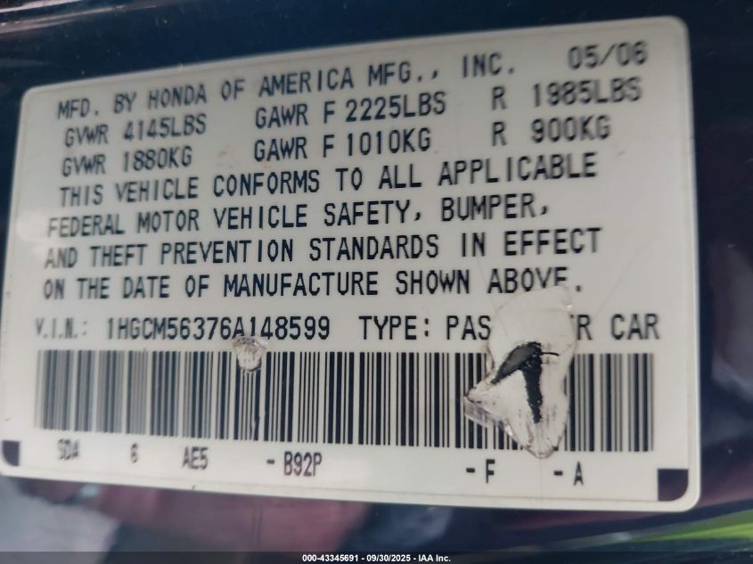 2006 Honda Accord 2.4 Se VIN: 1HGCM56376A148599 Lot: 43345691