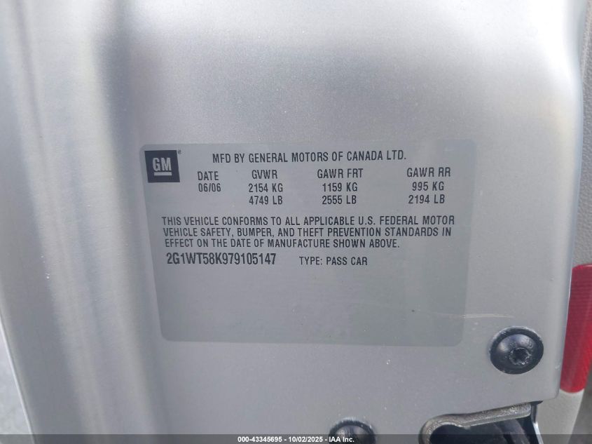 2007 Chevrolet Impala Lt VIN: 2G1WT58K979105147 Lot: 43345695
