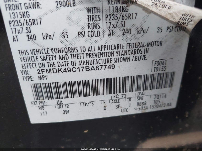 2FMDK49C17BA87749 2007 FORD EDGE photo no. 9