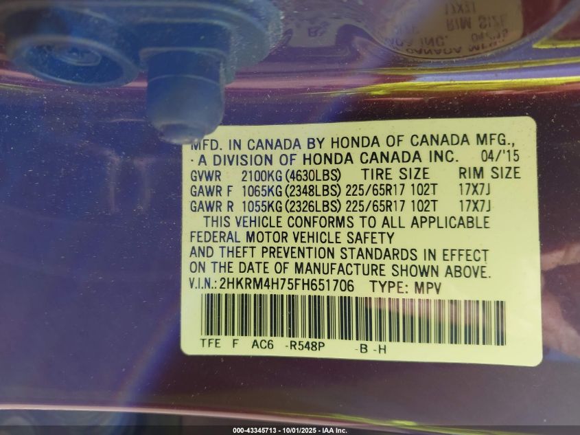 2015 Honda Cr-V Ex-L VIN: 2HKRM4H75FH651706 Lot: 43345713