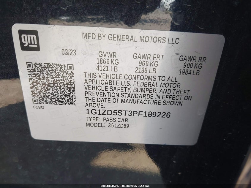 2023 Chevrolet Malibu Fwd 1Lt VIN: 1G1ZD5ST3PF189226 Lot: 43345717