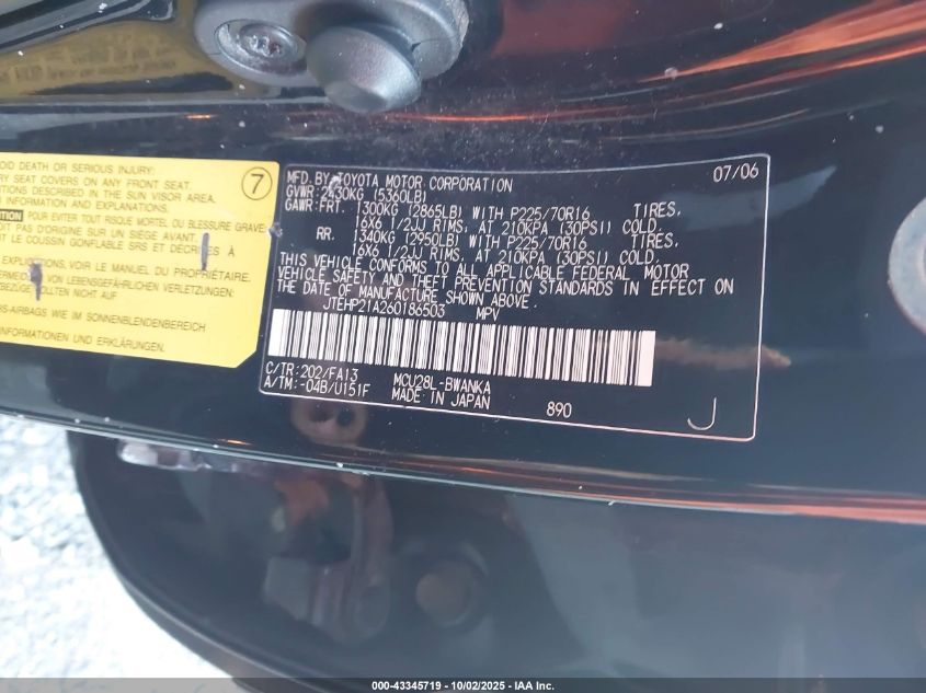 2006 Toyota Highlander V6 VIN: JTEHP21A260186503 Lot: 43345719