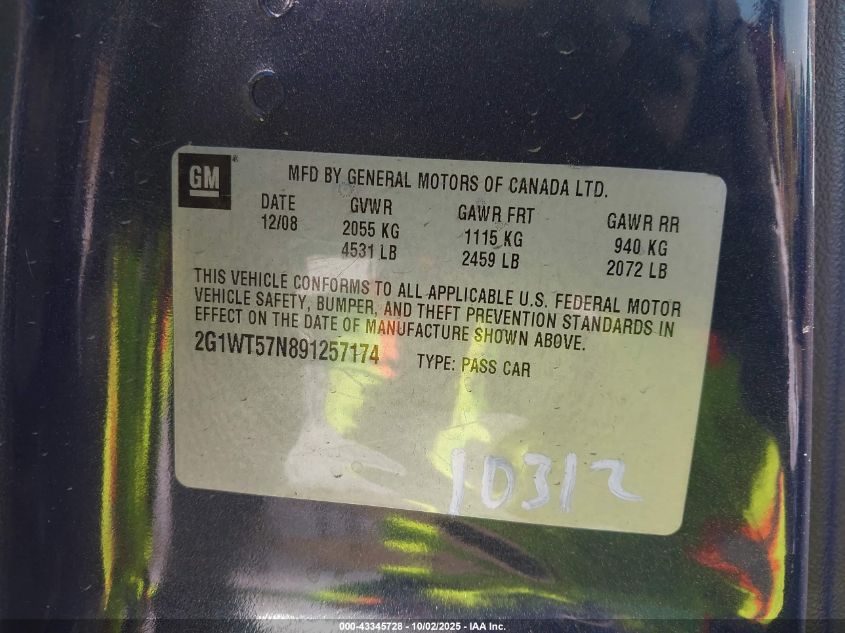 2009 Chevrolet Impala Lt VIN: 2G1WT57N891257174 Lot: 43345728