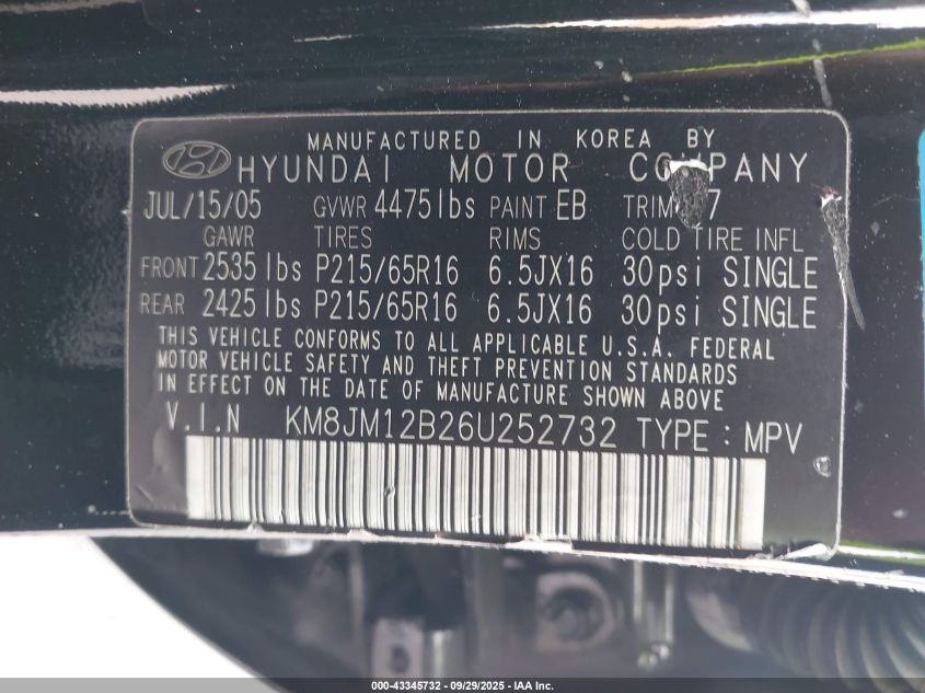 2006 Hyundai Tucson Gl VIN: KM8JM12B26U252732 Lot: 43345732
