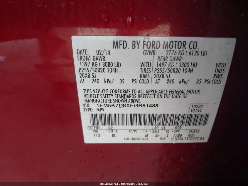 2014 Ford Explorer Xlt VIN: 1FM5K7D8XEGB61488 Lot: 43345744