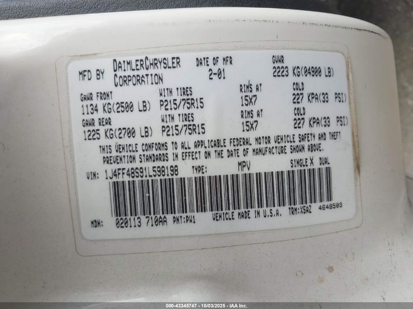 2001 Jeep Cherokee Sport VIN: 1J4FF48S91L598198 Lot: 43345747