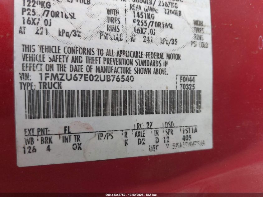 2002 Ford Explorer Sport Trac VIN: 1FMZU67E02UB76540 Lot: 43345752