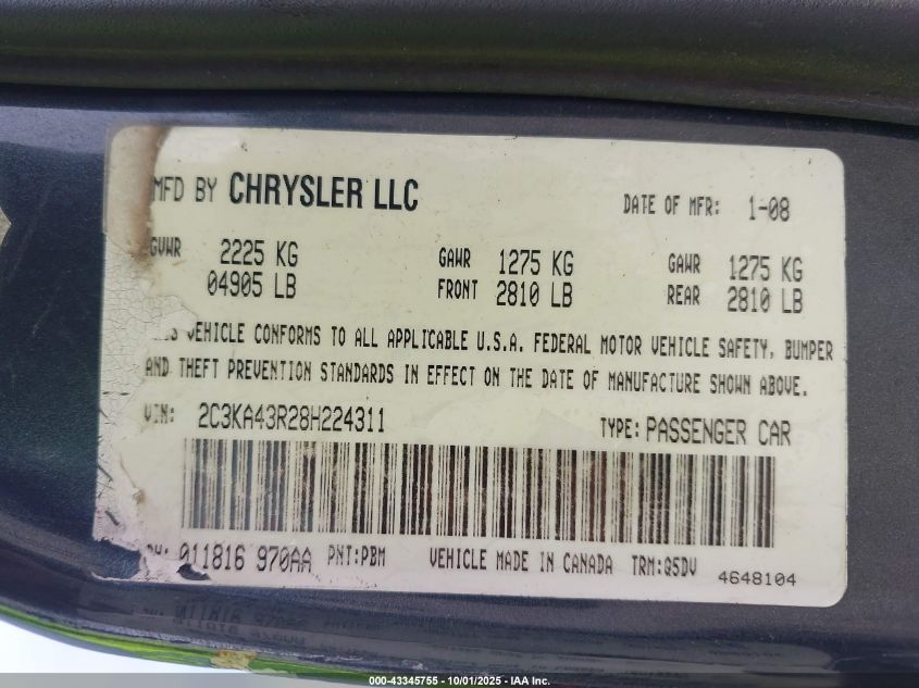 2008 Chrysler 300 Lx VIN: 2C3KA43R28H224311 Lot: 43345755