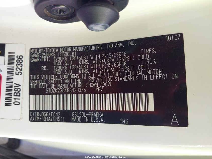 2008 Toyota Sienna Le VIN: 5TDZK23C48S123375 Lot: 43345758