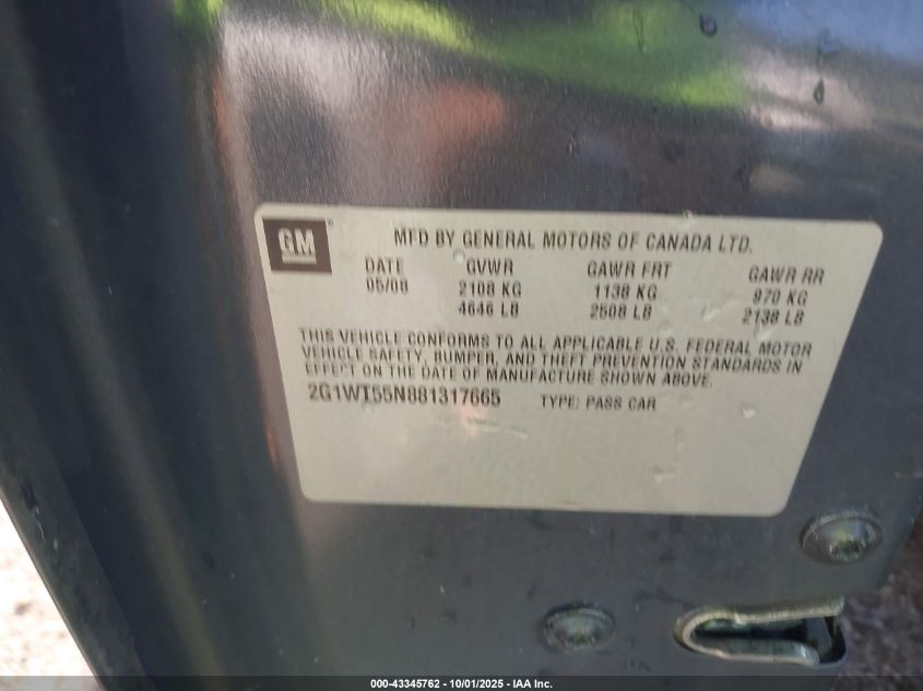 2008 Chevrolet Impala Lt VIN: 2G1WT55N881317665 Lot: 43345762