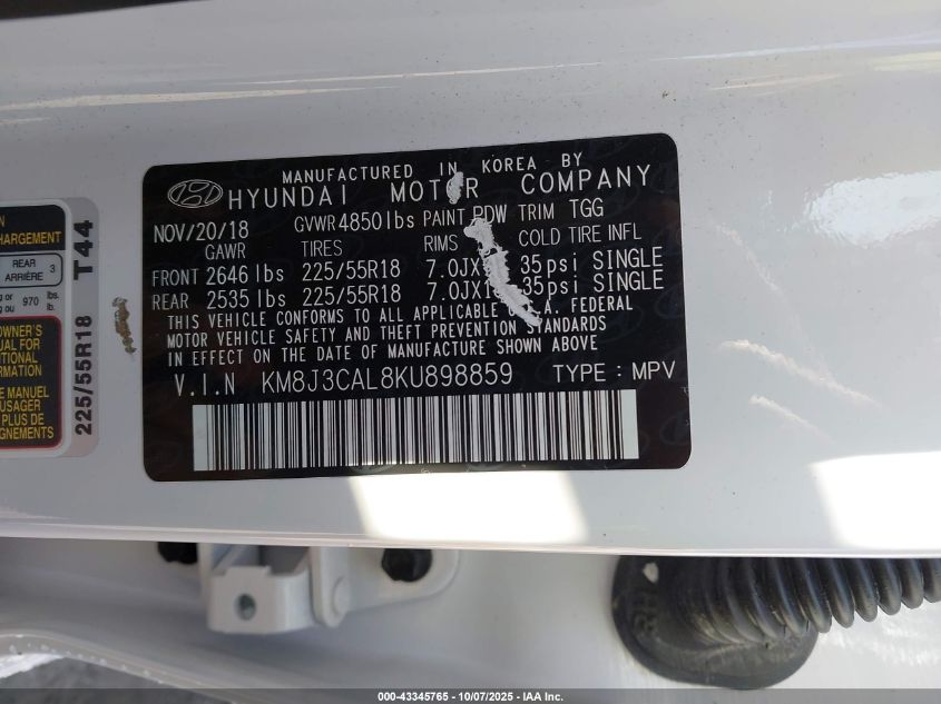 2019 Hyundai Tucson Sel VIN: KM8J3CAL8KU898859 Lot: 43345765