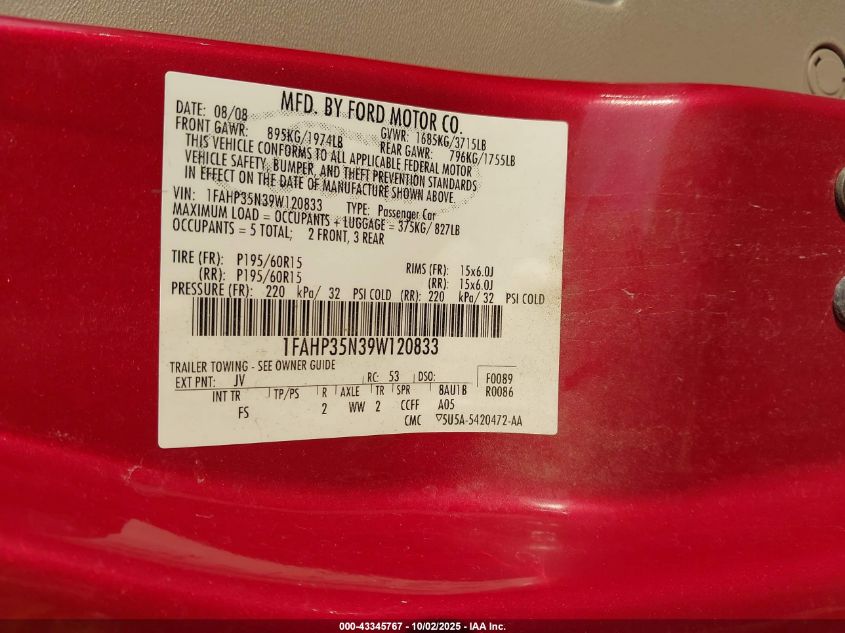 2009 Ford Focus Se VIN: 1FAHP35N39W120833 Lot: 43345767