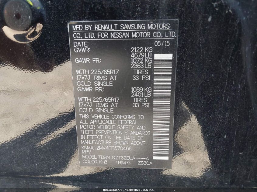 2015 Nissan Rogue Sv VIN: KNMAT2MV4FP570466 Lot: 43345779