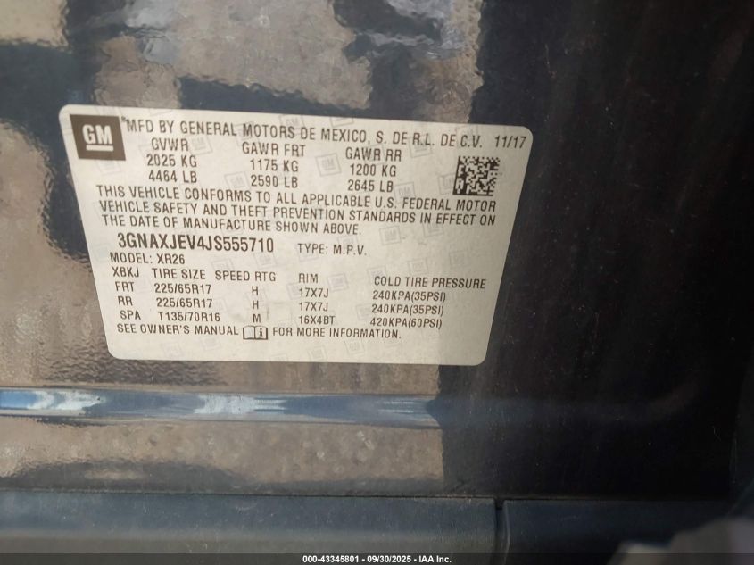 2018 Chevrolet Equinox Lt VIN: 3GNAXJEV4JS555710 Lot: 43345801