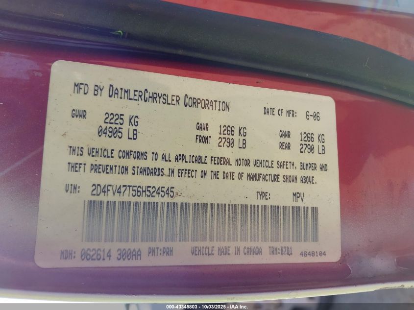 2006 Dodge Magnum VIN: 2D4FV47T56H524545 Lot: 43345803