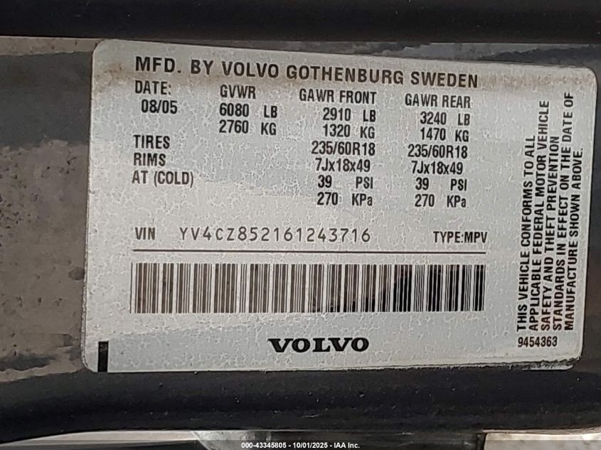 2006 Volvo Xc90 V8/Volvo Ocean Race Edition VIN: YV4CZ852161243716 Lot: 43345805