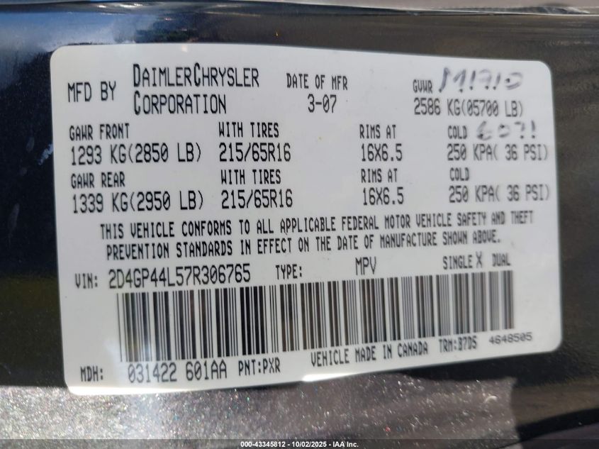 2007 Dodge Grand Caravan Sxt VIN: 2D4GP44L57R306765 Lot: 43345812