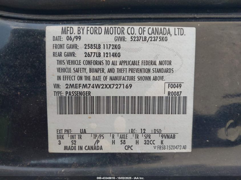 1999 Mercury Grand Marquis VIN: 2MEEM74W2XX727269 Lot: 43345816