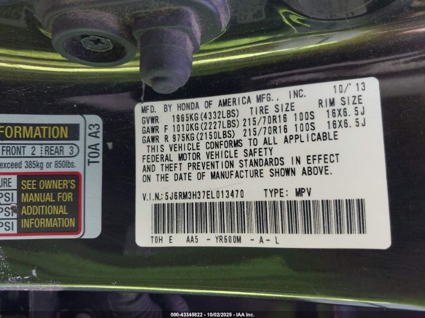 2014 Honda Cr-V Lx VIN: 5J6RM3H37EL013470 Lot: 43345822