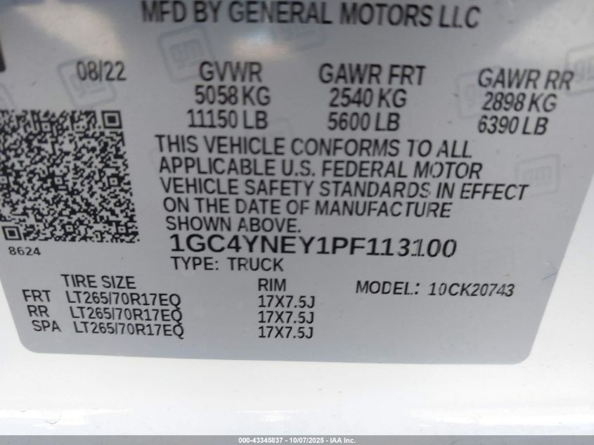 2023 Chevrolet Silverado 2500Hd 4Wd Standard Bed Lt VIN: 1GC4YNEY1PF113100 Lot: 43345837