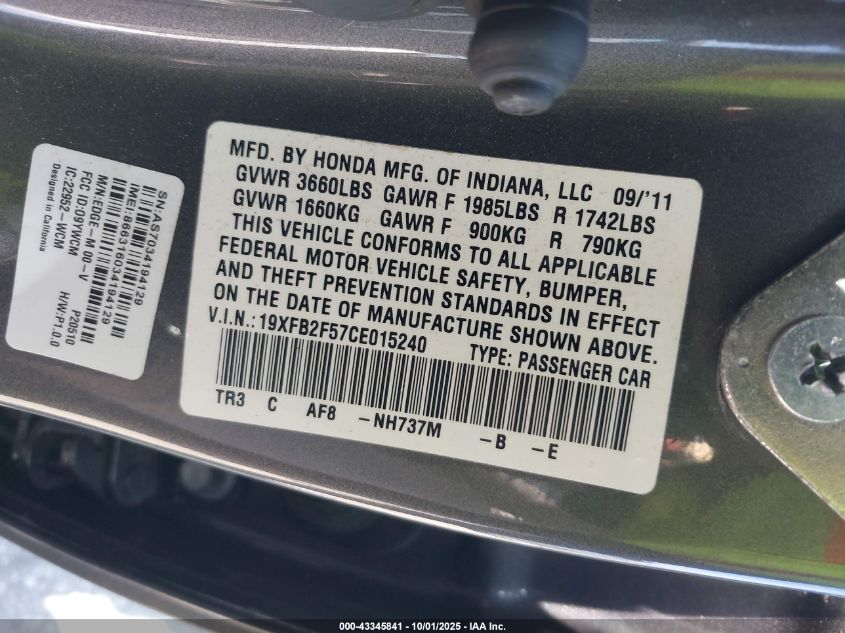 2012 Honda Civic Lx VIN: 19XFB2F57CE015240 Lot: 43345841