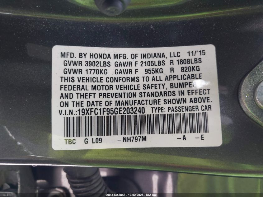 2016 Honda Civic Touring VIN: 19XFC1F95GE203240 Lot: 43345848