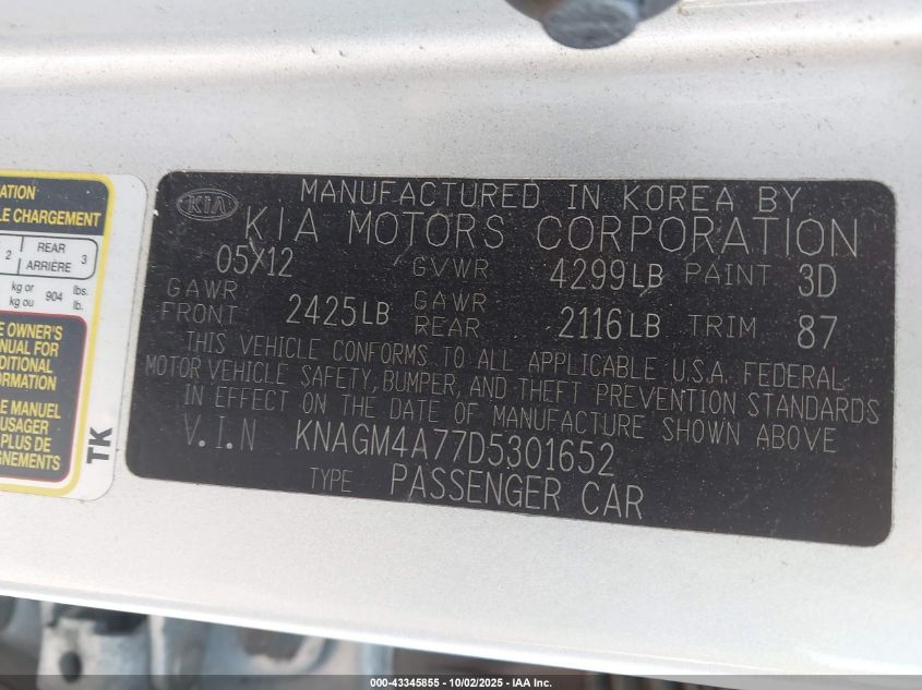 2013 Kia Optima Lx VIN: KNAGM4A77D5301652 Lot: 43345855