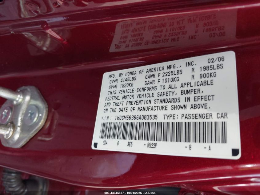 2006 Honda Accord 2.4 Se VIN: 1HGCM56366A083535 Lot: 43345857