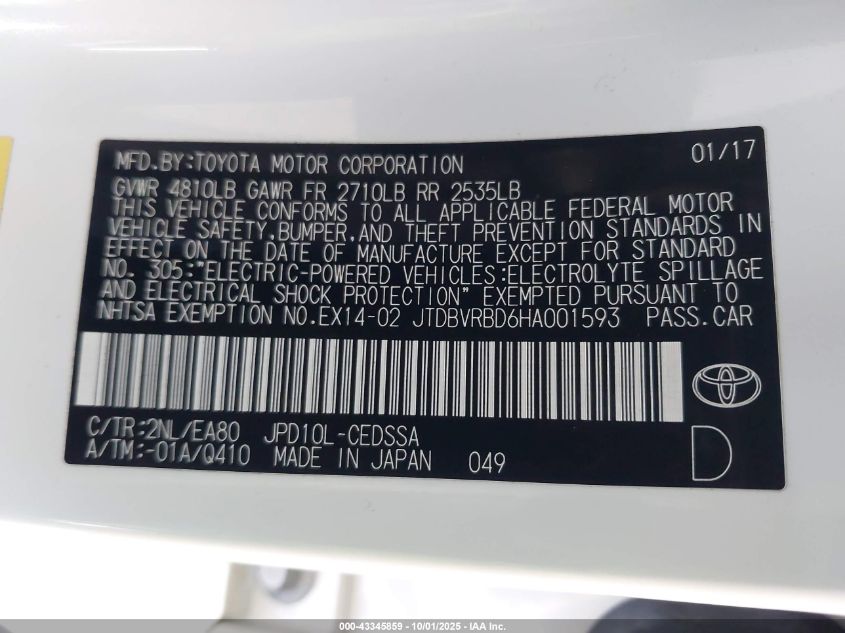 2017 Toyota Mirai VIN: JTDBVRBD6HA001593 Lot: 43345859