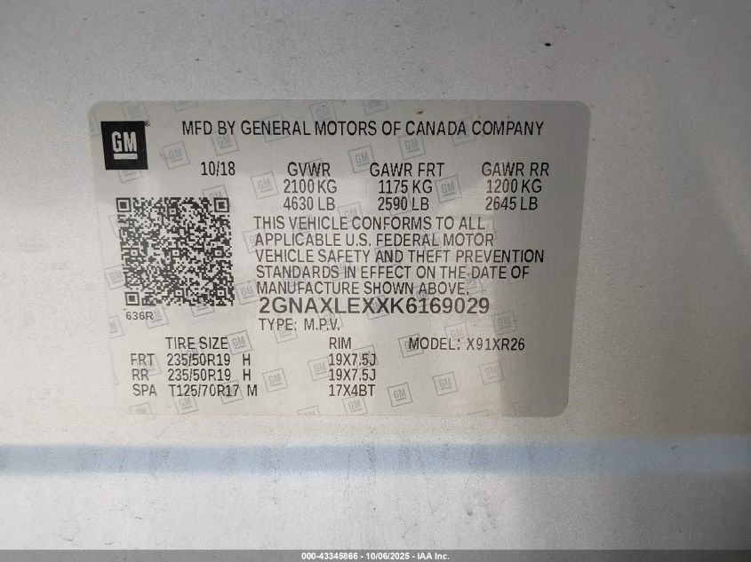 2019 Chevrolet Equinox Lt VIN: 2GNAXLEXXK6169029 Lot: 43345866