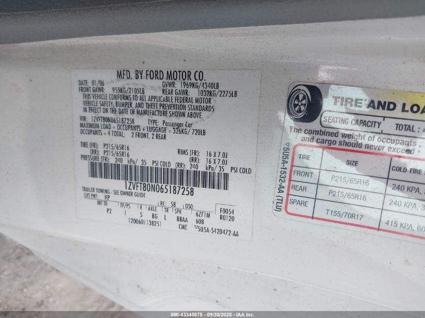 2006 Ford Mustang V6 VIN: 1ZVFT80N065187258 Lot: 43345875