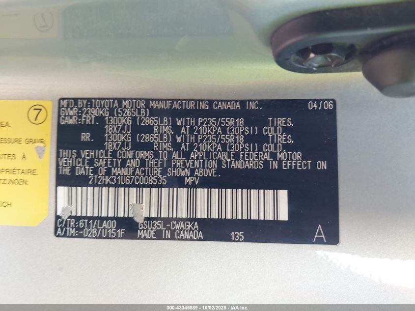 2007 Lexus Rx 350 VIN: 2T2HK31U67C008535 Lot: 43345889