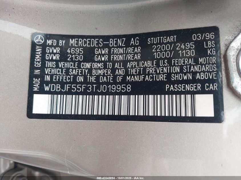 1996 Mercedes-Benz E 320 VIN: WDBJF55F3TJ019958 Lot: 43345894