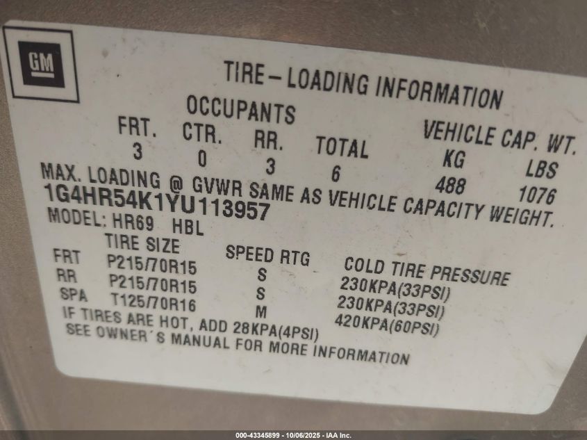 2000 Buick Lesabre Limited VIN: 1G4HR54K1YU113957 Lot: 43345899