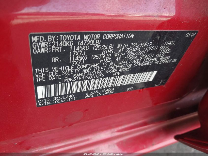 2007 Toyota Rav4 Limited V6 VIN: JTMBK31V476020659 Lot: 43345900