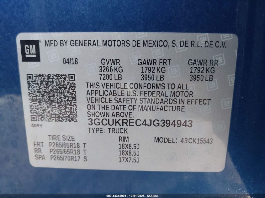 2018 Chevrolet Silverado 1500 2Lt VIN: 3GCUKREC4JG394943 Lot: 43345901