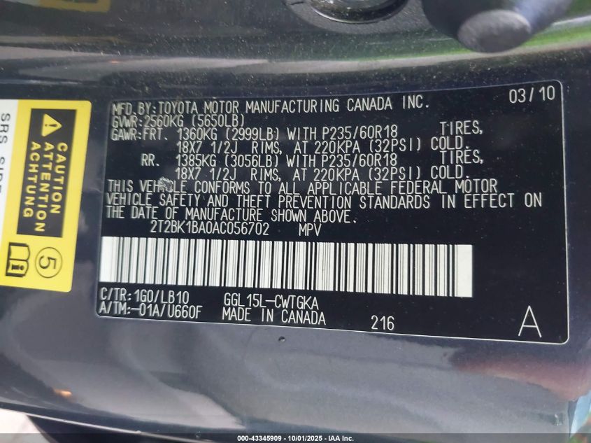 2010 Lexus Rx 350 VIN: 2T2BK1BA0AC056702 Lot: 43345909