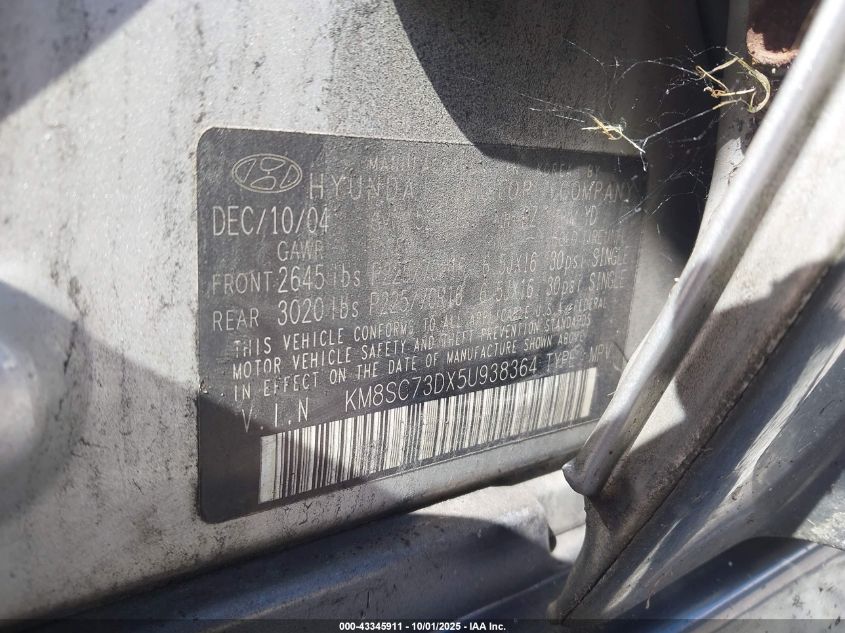 2005 Hyundai Santa Fe Gls VIN: KM8SC73DX5U938364 Lot: 43345911