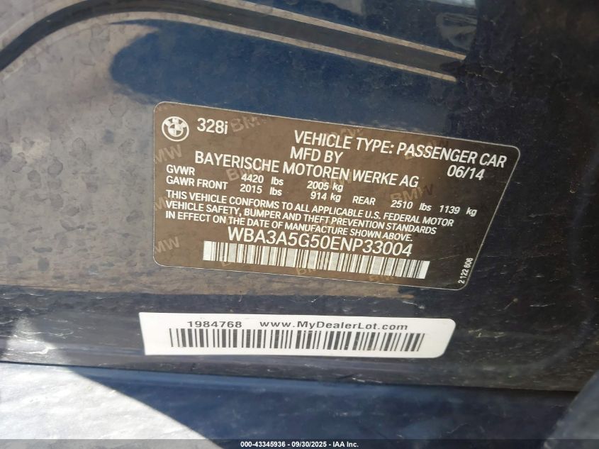 2014 BMW 328I VIN: WBA3A5G50ENP33004 Lot: 43345936