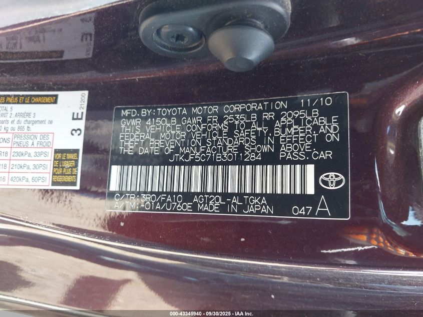 2011 Scion Tc VIN: JTKJF5C71B3011284 Lot: 43345940