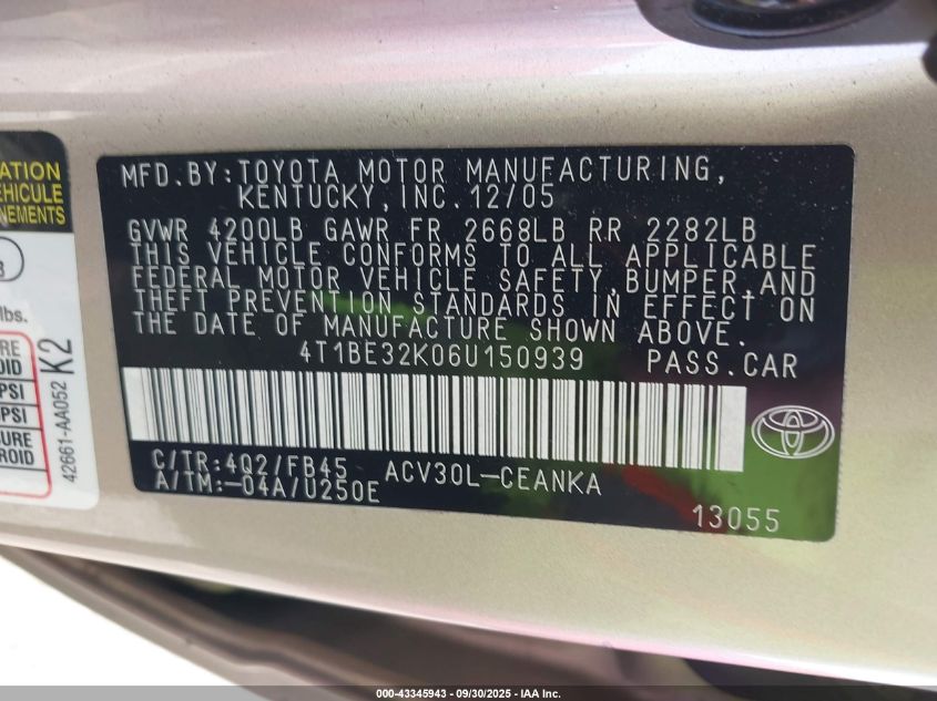 2006 Toyota Camry Le VIN: 4T1BE32K06U150939 Lot: 43345943