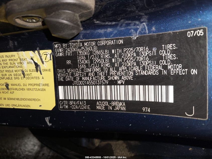 2005 Toyota Highlander VIN: JTEDD21A550131579 Lot: 43345958