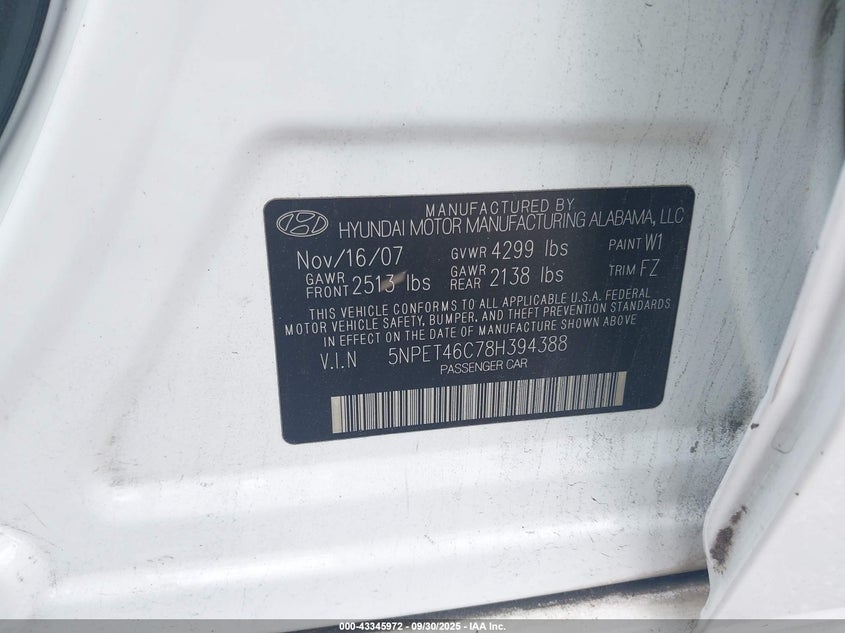5NPET46C78H394388 2008 HYUNDAI SONATA photo no. 9
