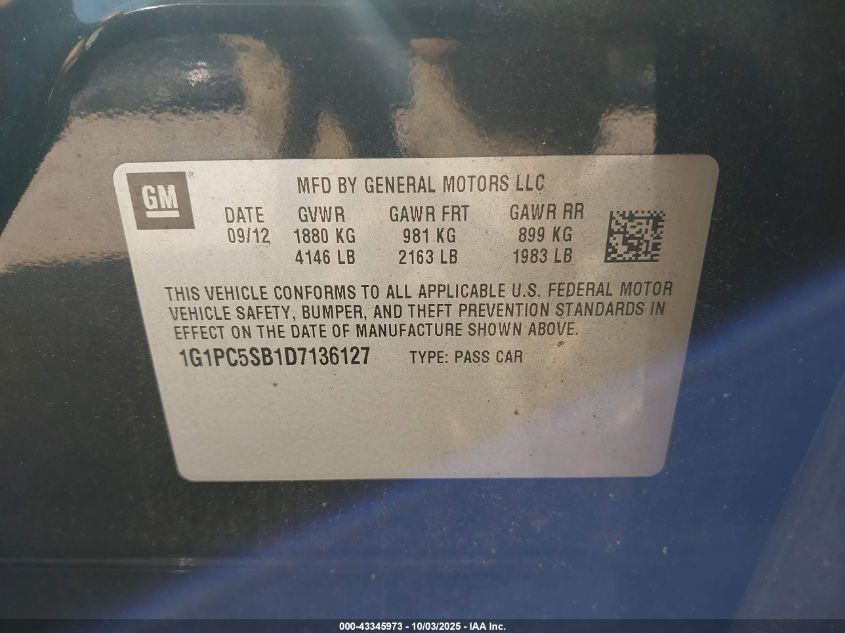 2013 Chevrolet Cruze 1Lt Auto VIN: 1G1PC5SB1D7136127 Lot: 43345973