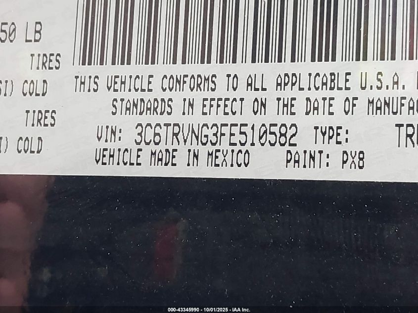 2015 Ram Promaster 1500 Low Roof VIN: 3C6TRVNG3FE510582 Lot: 43345990