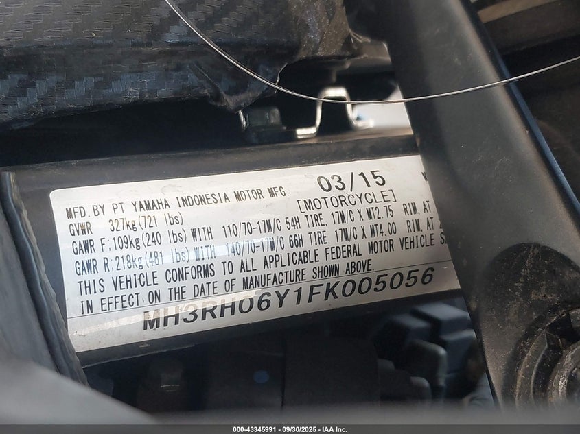 2015 Yamaha Yzfr3 VIN: MH3RH06Y1FK005056 Lot: 43345991