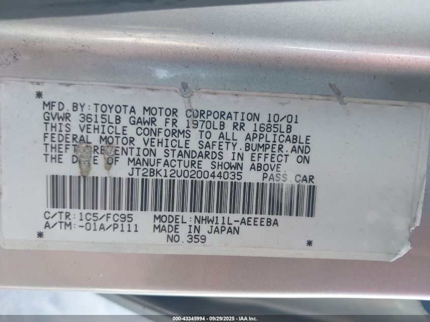 2002 Toyota Prius VIN: JT2BK12U020044035 Lot: 43345994