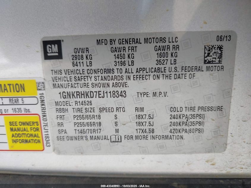 2014 Chevrolet Traverse 2Lt VIN: 1GNKRHKD7EJ118343 Lot: 43345993