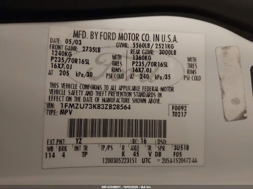 2003 Ford Explorer Nbx/Xlt VIN: 1FMZU73K83ZB28564 Lot: 43346001